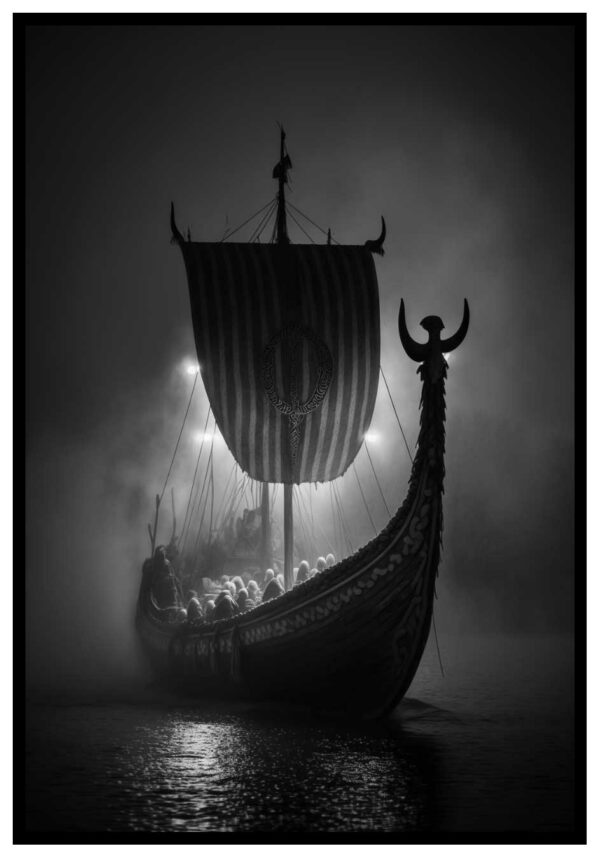 svartvit poster med vikingaskepp