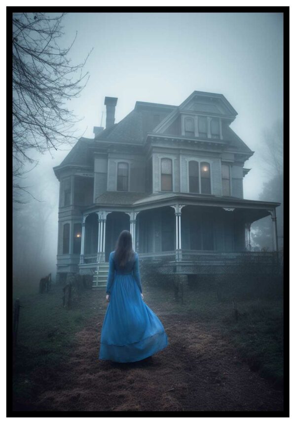 woman and haunted house poster