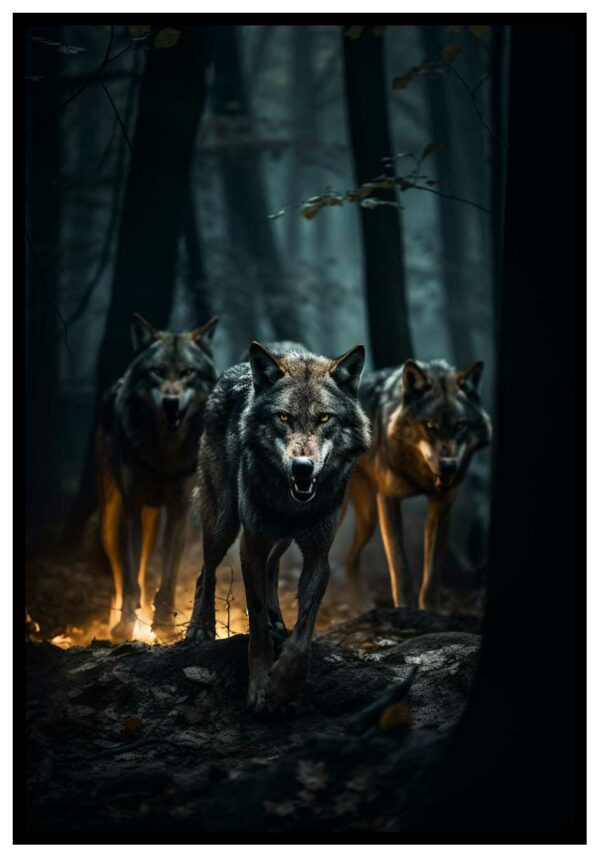 Carteles oscuros con lobos