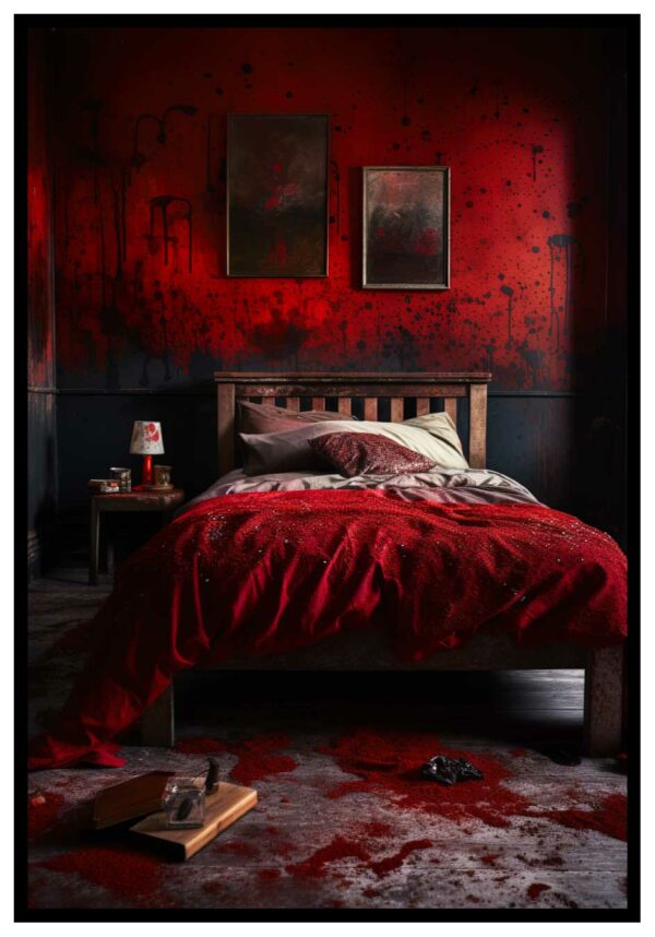 Röd tavla med skräckbild på sovrum